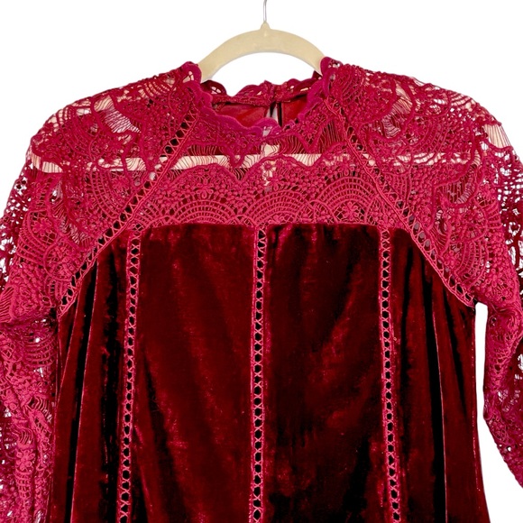 Lulus Love Me Always Dress Burgundy Velvet  Crocheted Lace Sleeves Shift Sz XS - Picture 8 of 16